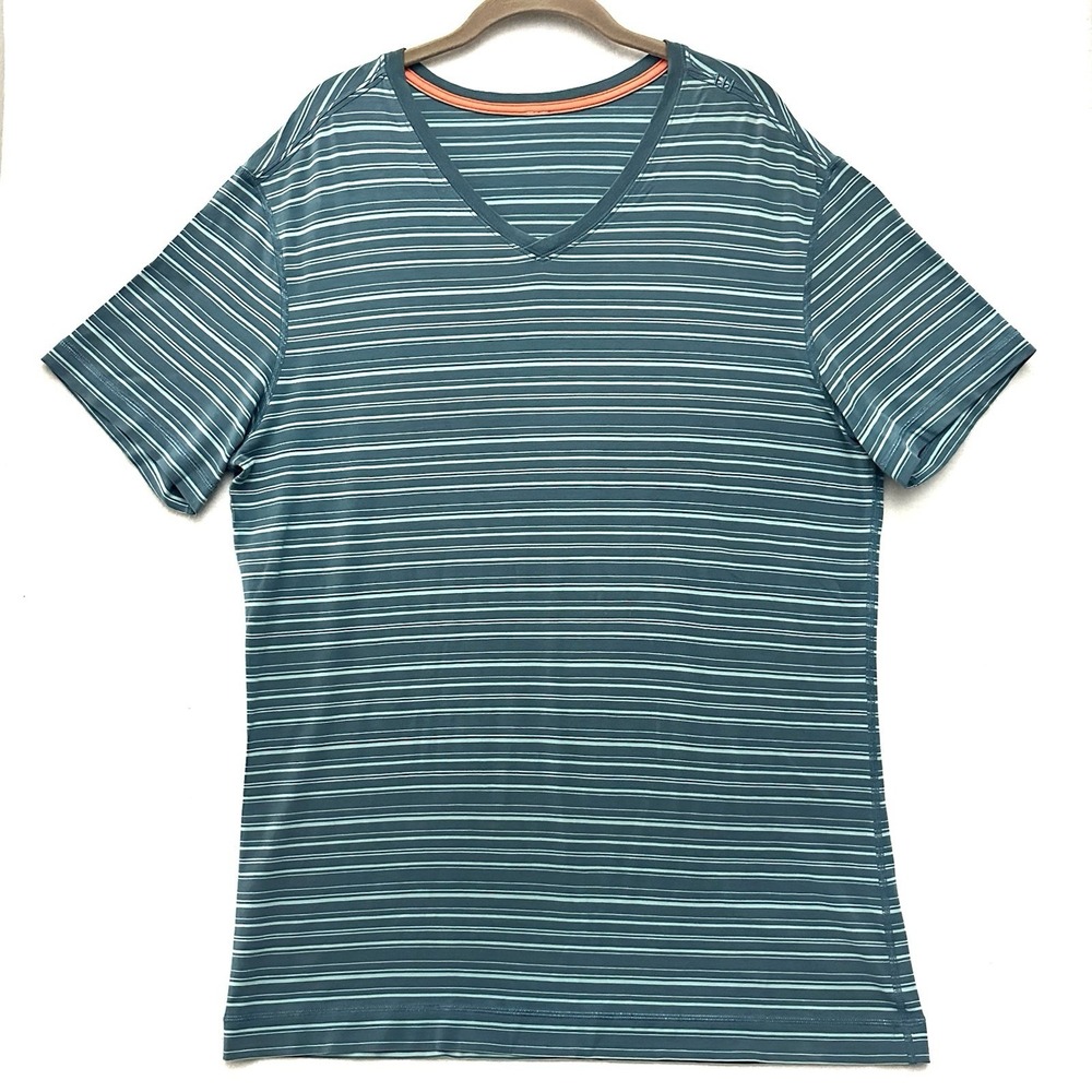 Lululemon 5 Year Basic T-Shirt V Neck Short Sleeve Blue Teal Stripe Mens Size XL